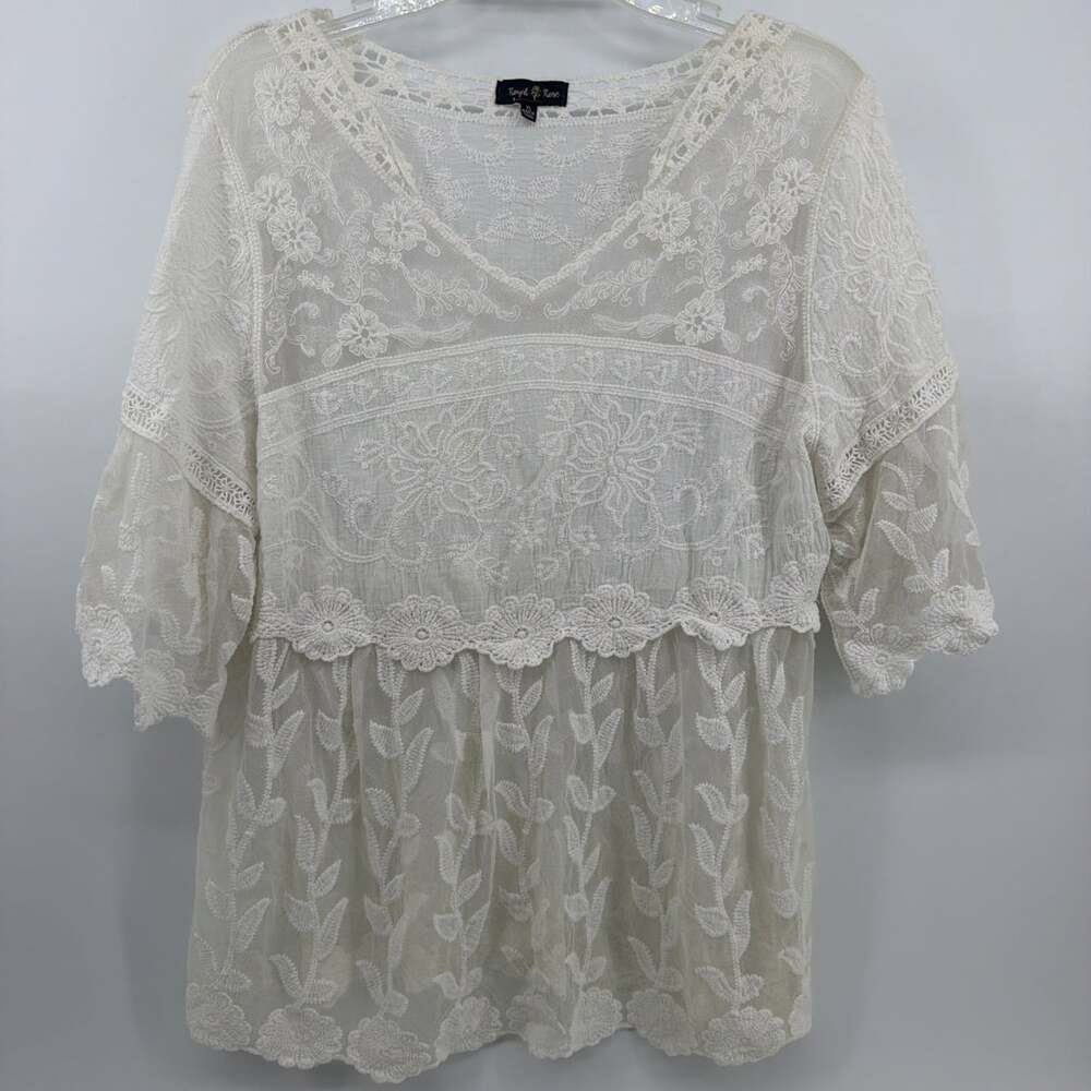 Royal Rose Cream Lace Poncho Top XL Empire Waist Crochet Trim Boho Festival